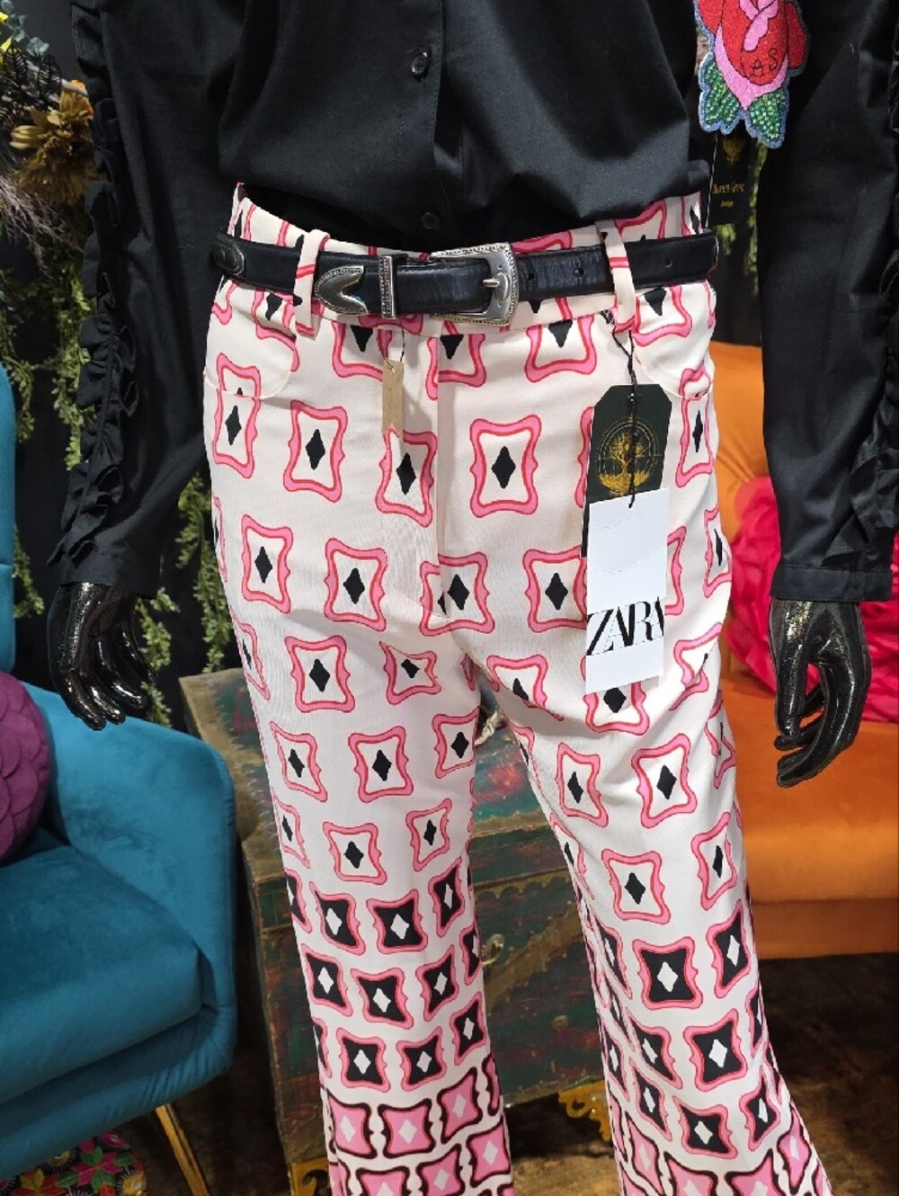 Zara Women's Pink Patterned Wide-Leg Pants - Picture 3 of 9